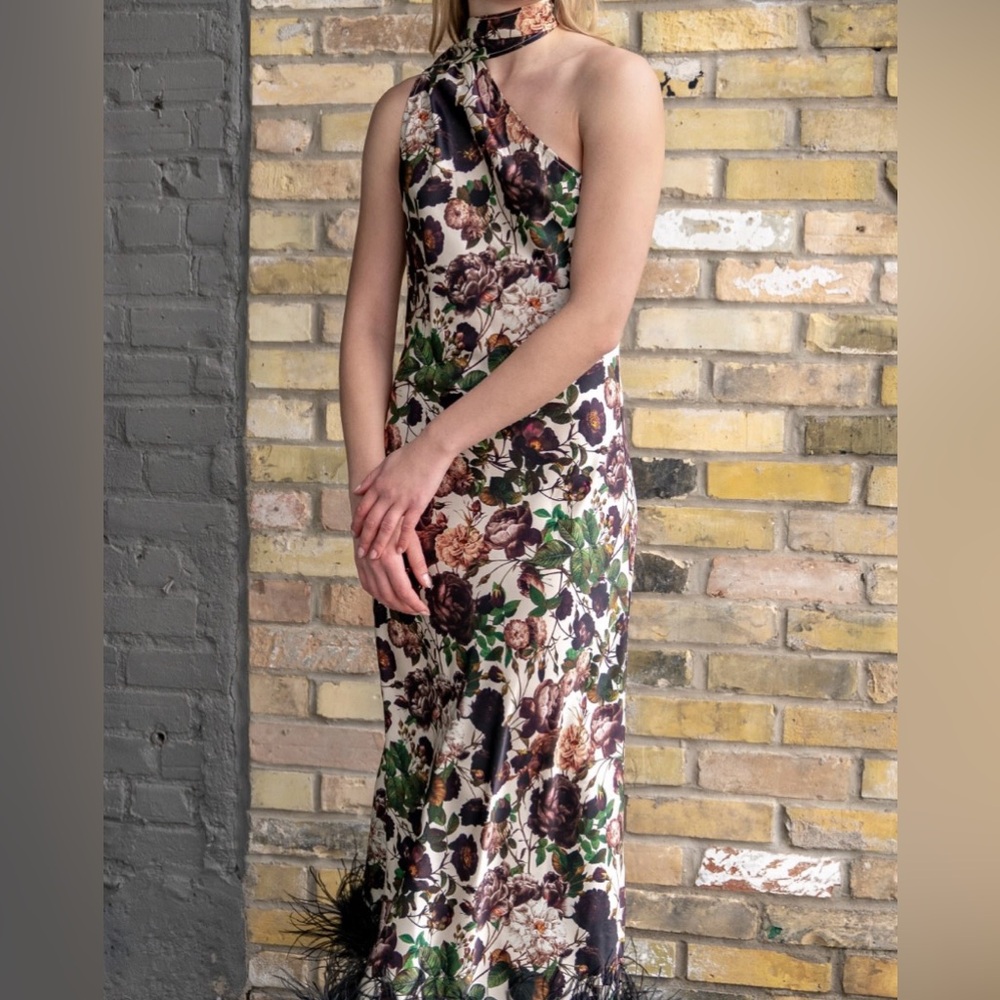 Worn Once | Vasiliki Atelier Liya Asymmetric Silk Maxi Dress with Faux Feather - Picture 2 of 5